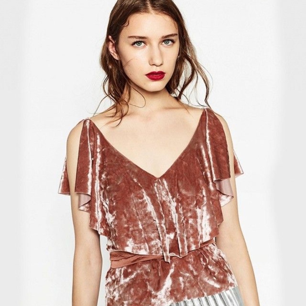 Zara Dusty Pink Crushed Velvet Blouse Size Small